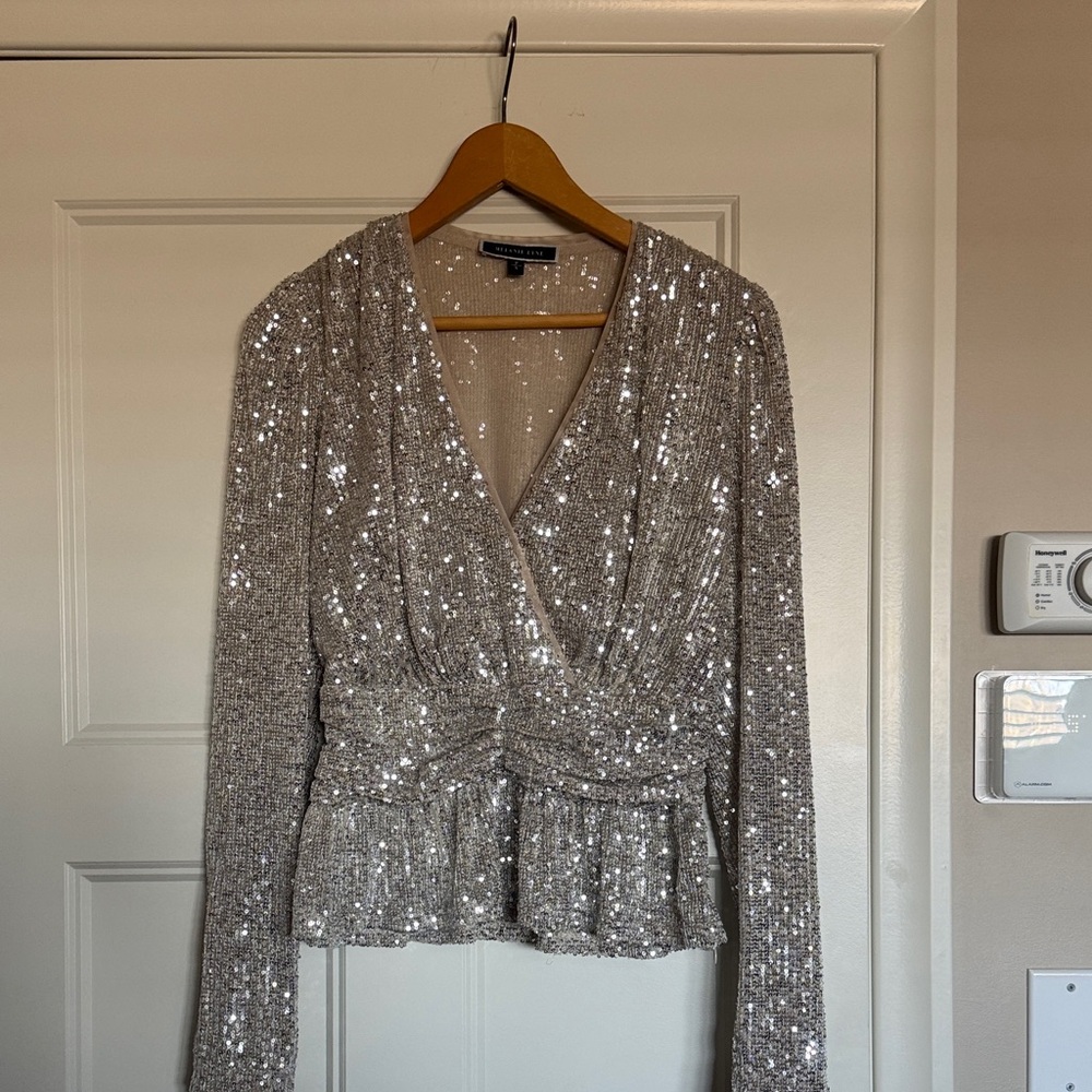 Sequin V-Neck Long Sleeve Top